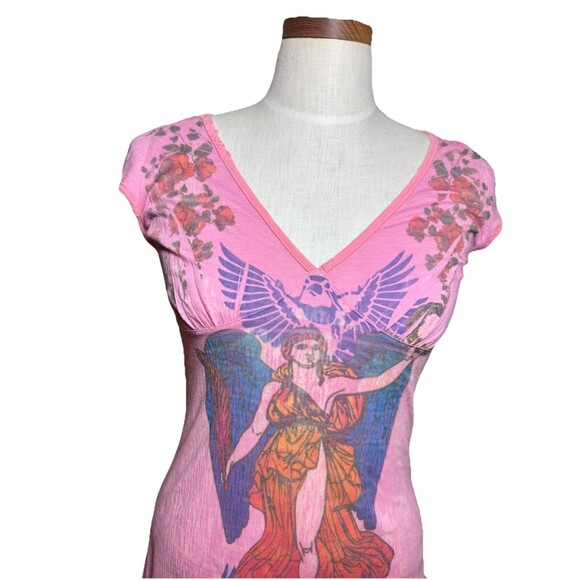 Y2K Butterfly Dropout Foxy People Babydoll Top – Med Pink Tattoo Graphic V-Neck - Picture 10 of 11